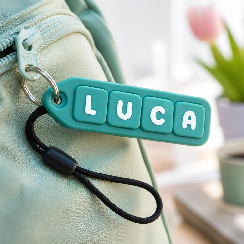 Child pressing a turquoise name fidget clicker keychain clipped to a pastel backpack